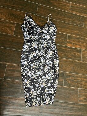iris Black Floral Slip Midi Dress with Pastel Blooms Y2K Whimsy